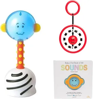 Developmental Milestones Set for Babies: NogginStik Developmental Light-Up Rattle, NogginRings Reaching and Grasping Rings, Baby’s First Book of 44 Sounds with Teether, Ages 0-12 Months