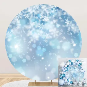 Diameter 7.2ft Christmas White Snowflake Round Backdrop Cover Falling Snowflake Ice Blue Bokeh Wonderland Photography Background for Kids Happy Birthday Christmas Party Decoration