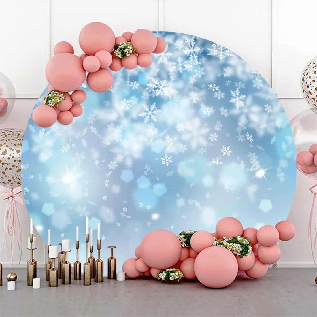 Diameter 7.2ft Christmas White Snowflake Round Backdrop Cover Falling Snowflake Ice Blue Bokeh Wonderland Photography Background for Kids Happy Birthday Christmas Party Decoration