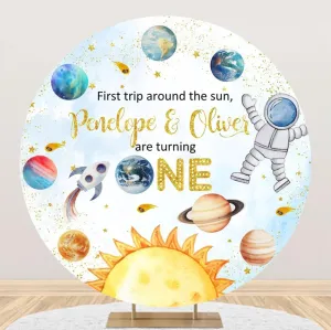 Diameter 7.5ft First Trip Around the Sun Round Backdrop Cover Starry Sky 1st Birthday Circle Photography Background Universe Planets Backgrounds for Kids Birthday Party Decor Photo Studio Props