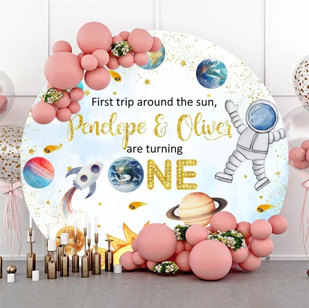 Diameter 7.5ft First Trip Around the Sun Round Backdrop Cover Starry Sky 1st Birthday Circle Photography Background Universe Planets Backgrounds for Kids Birthday Party Decor Photo Studio Props