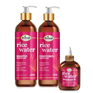 Difeel Rice Water Hair Care 3PC Shampoo & Conditioner & Hair Oil Set - Includes 33.8oz Shampoo, 33.8oz Conditioner, 7.1oz Hair Oil
