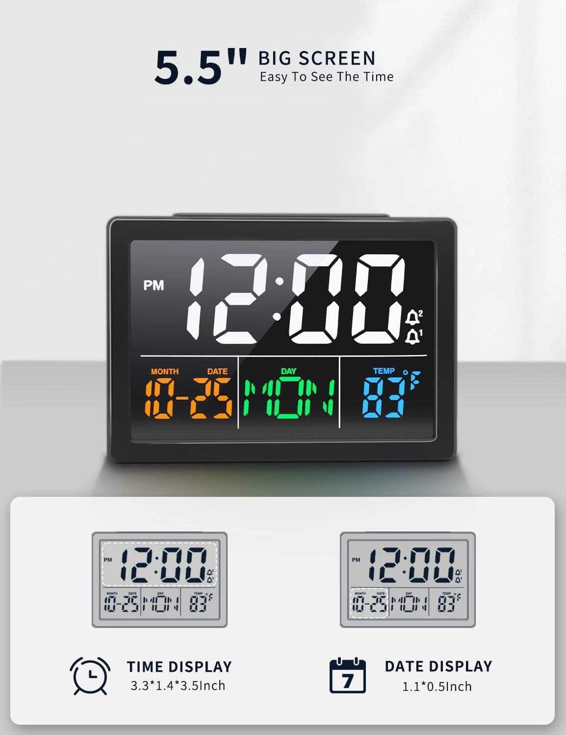 Digital Alarm Clock, with 5.5" Large LED Time Display, Adjustable Alarm Volume, 6 Level Brightness, Alarm Settings, USB Charger, Temperature Detect, Snooze, Clocks for Bedroom, Bedside, Desk, Black