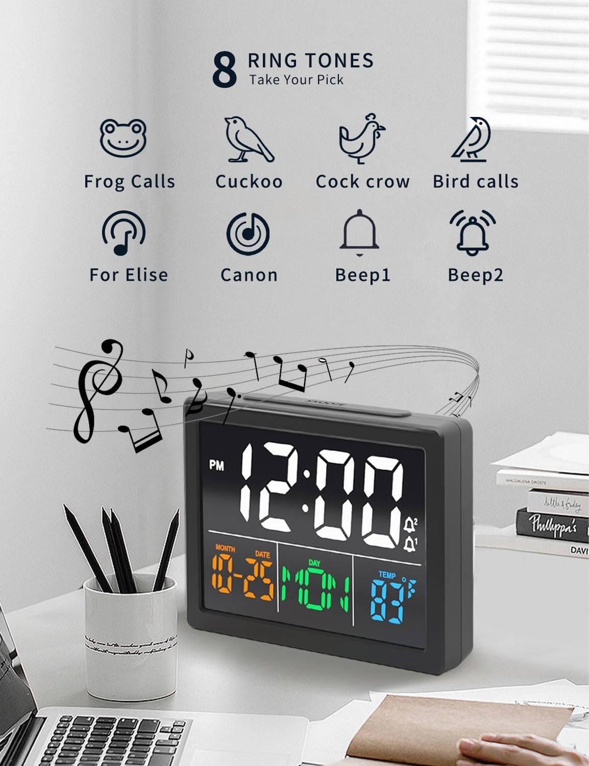 Digital Alarm Clock, with 5.5" Large LED Time Display, Adjustable Alarm Volume, 6 Level Brightness, Alarm Settings, USB Charger, Temperature Detect, Snooze, Clocks for Bedroom, Bedside, Desk, Black