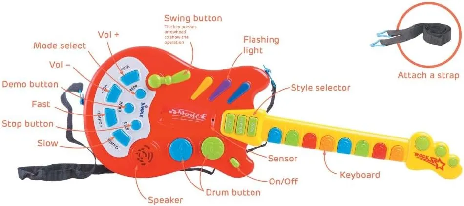 Dimple Kids Handheld Musical Electronic Toy Guitar for Children Plays Music, Rock, Drum & Electric Sounds Best Toy & Gift for Girls & Boys (Red) (Single)