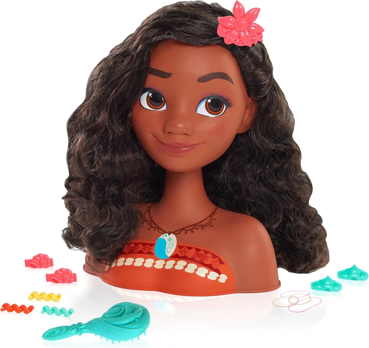 Disney Princess Moana Styling Head with Accessories, 14-pieces, Black Hair, Brown Eyes, Kids Toys for Ages 3 Up by Just Play