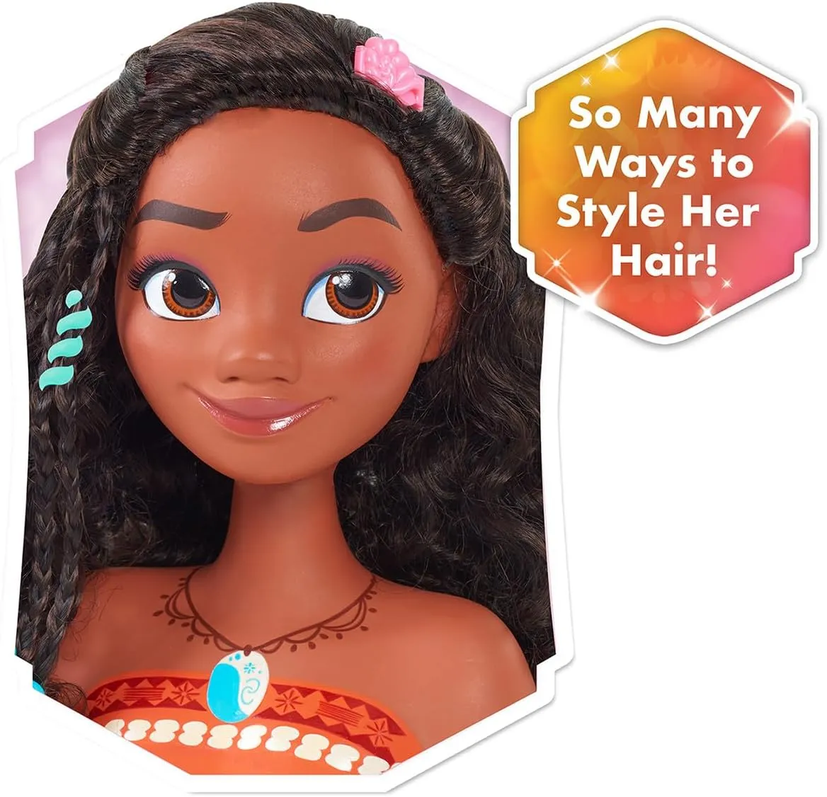 Disney Princess Moana Styling Head with Accessories, 14-pieces, Black Hair, Brown Eyes, Kids Toys for Ages 3 Up by Just Play