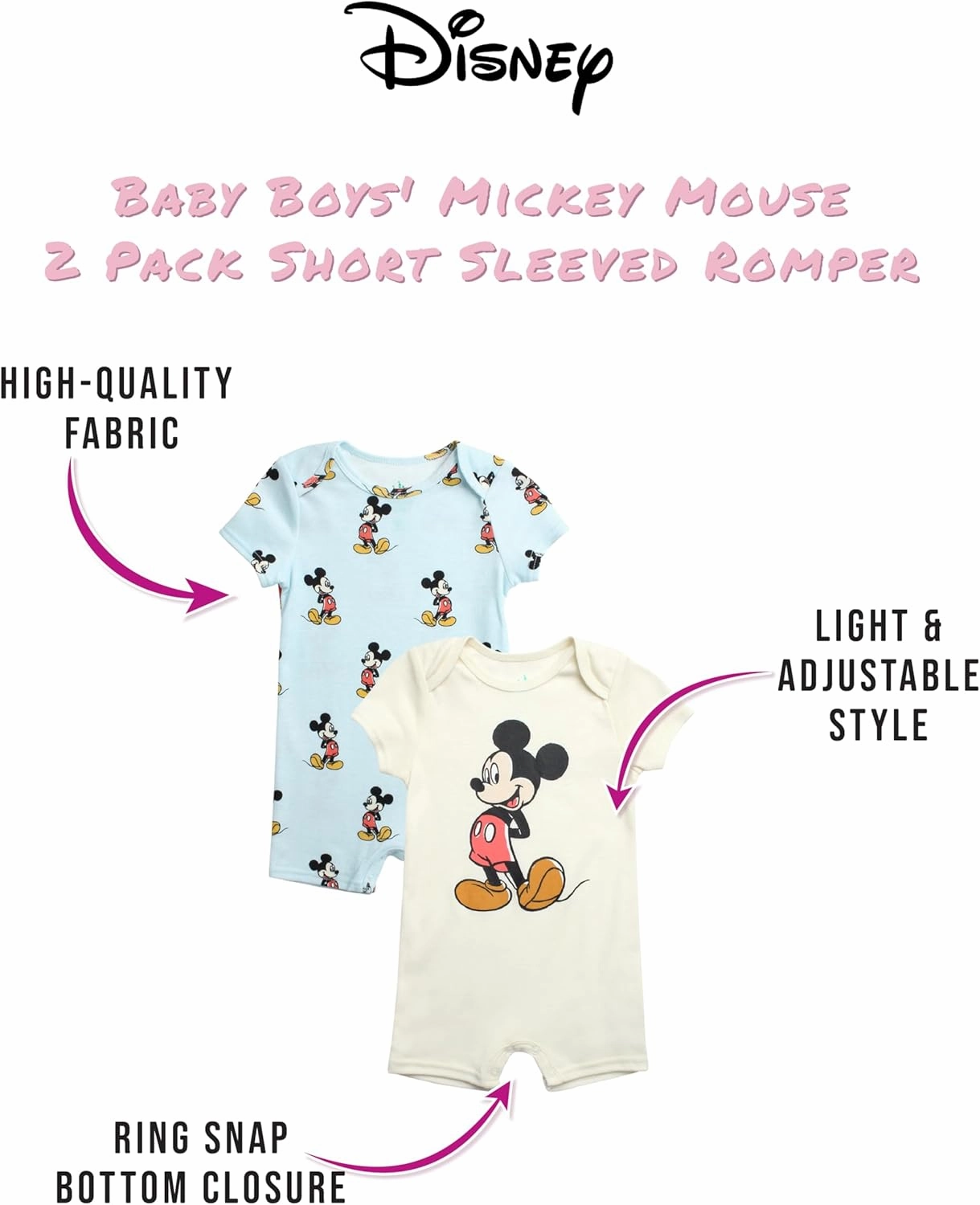 Disney Baby Boys Romper - 2 Pack Short Sleeve Baby Jumpsuit with Snap Closure - Cozy Baby Bodysuit for Boys (Newborn/Infant)