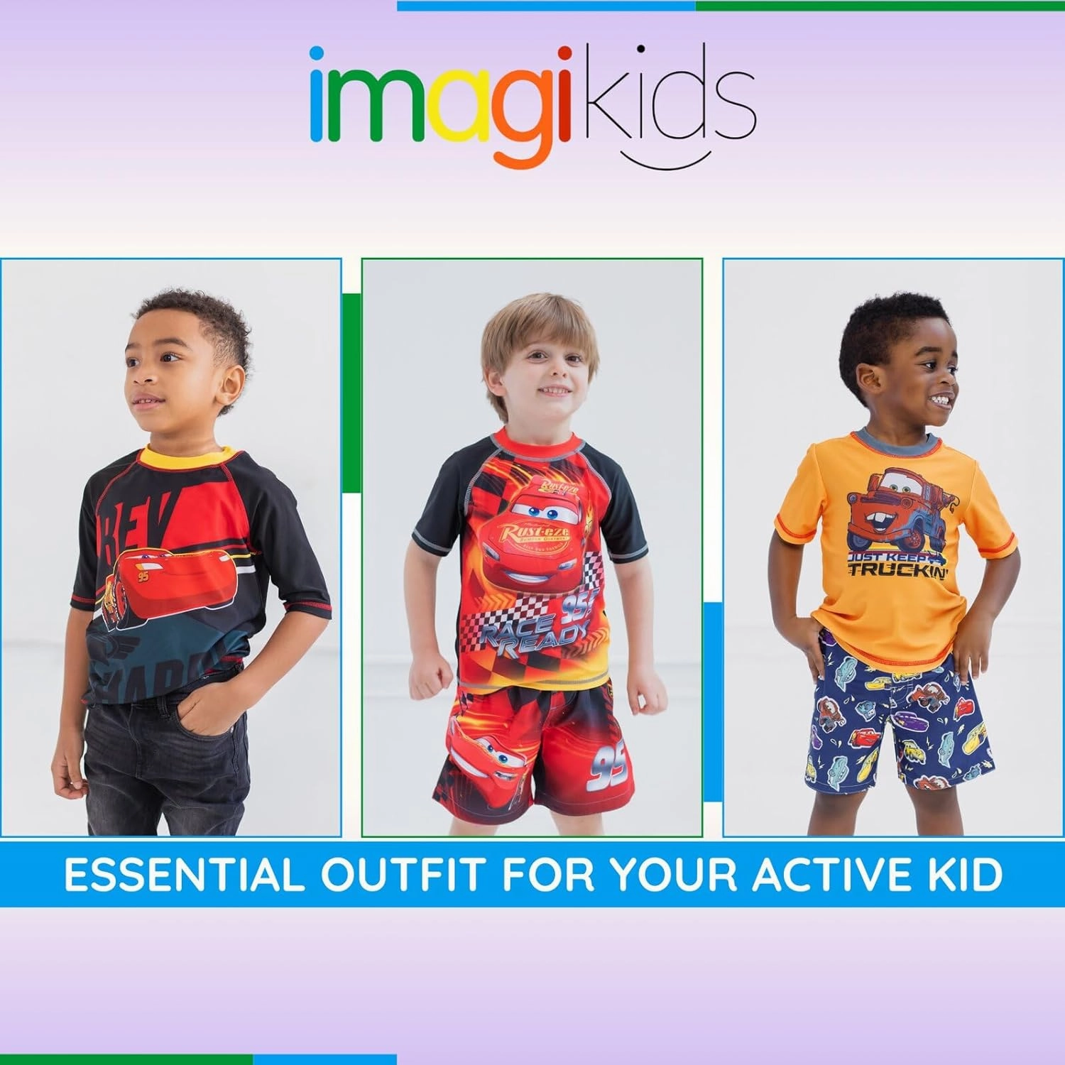 Disney Cars UPF 50  Rash Guard Shirt and Swim Trunks Outfit Set Toddler to Little Kid Sizes (2T - 7-8)