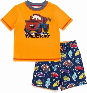 Disney Cars UPF 50  Rash Guard Shirt and Swim Trunks Outfit Set Toddler to Little Kid Sizes (2T - 7-8)