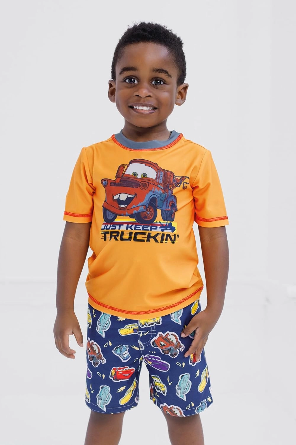 Disney Cars UPF 50  Rash Guard Shirt and Swim Trunks Outfit Set Toddler to Little Kid Sizes (2T - 7-8)