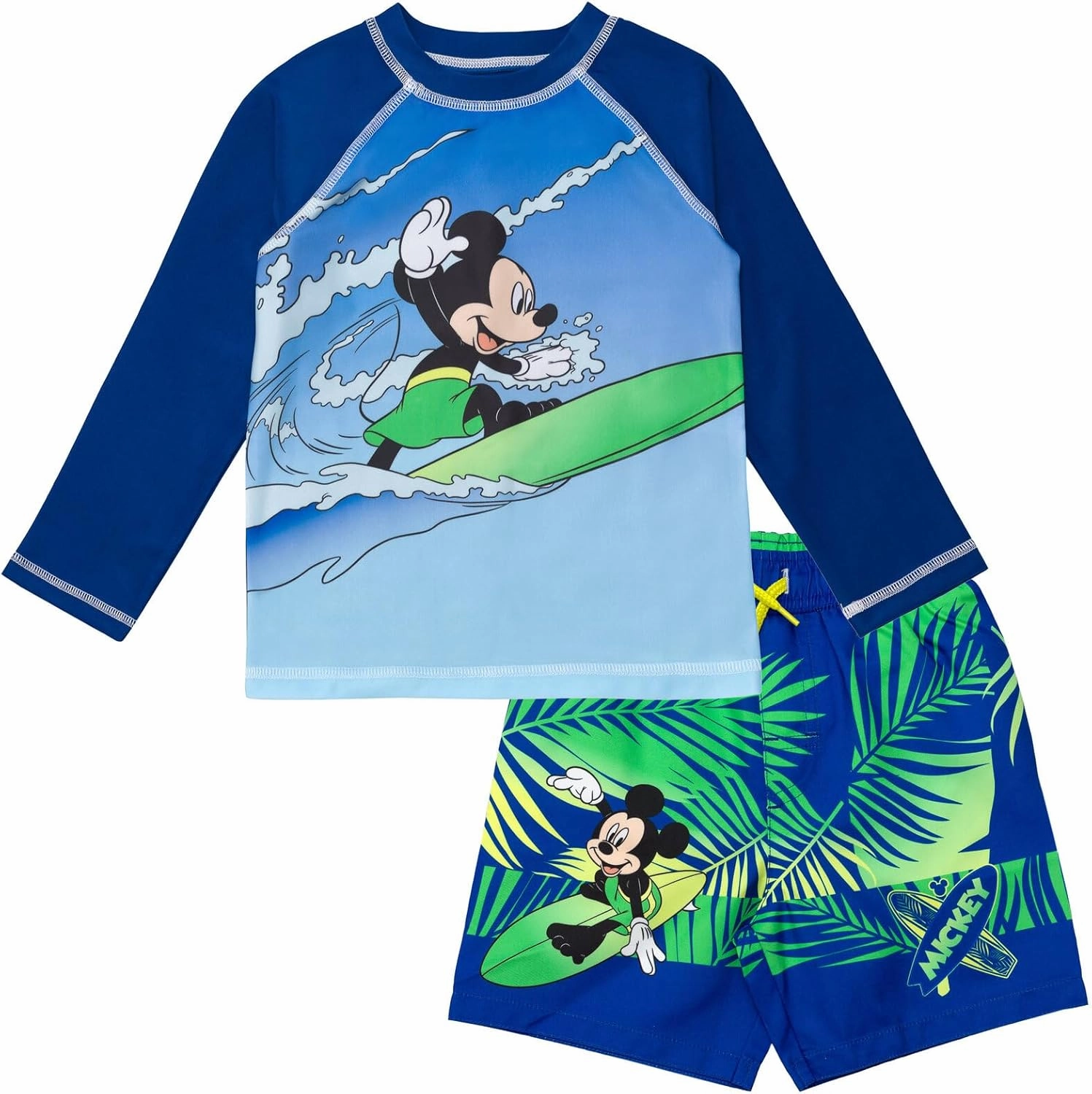 Disney Junior Surfboard UPF 50  Rash Guard and Swim Trunks Outfit Set Infant to Big Kid Sizes (12 Months - 14-16)