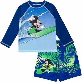 Disney Junior Surfboard UPF 50  Rash Guard and Swim Trunks Outfit Set Infant to Big Kid Sizes (12 Months - 14-16)