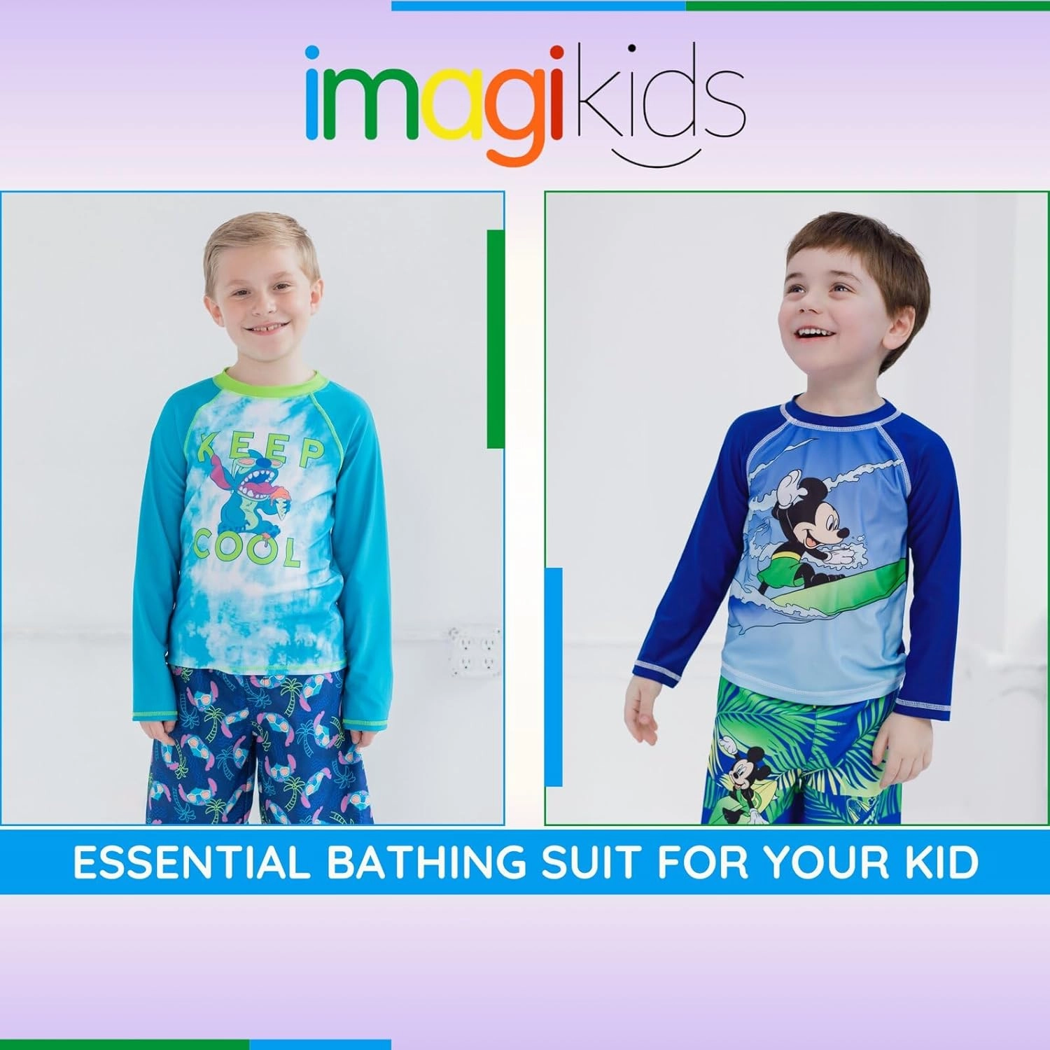 Disney Junior Surfboard UPF 50  Rash Guard and Swim Trunks Outfit Set Infant to Big Kid Sizes (12 Months - 14-16)