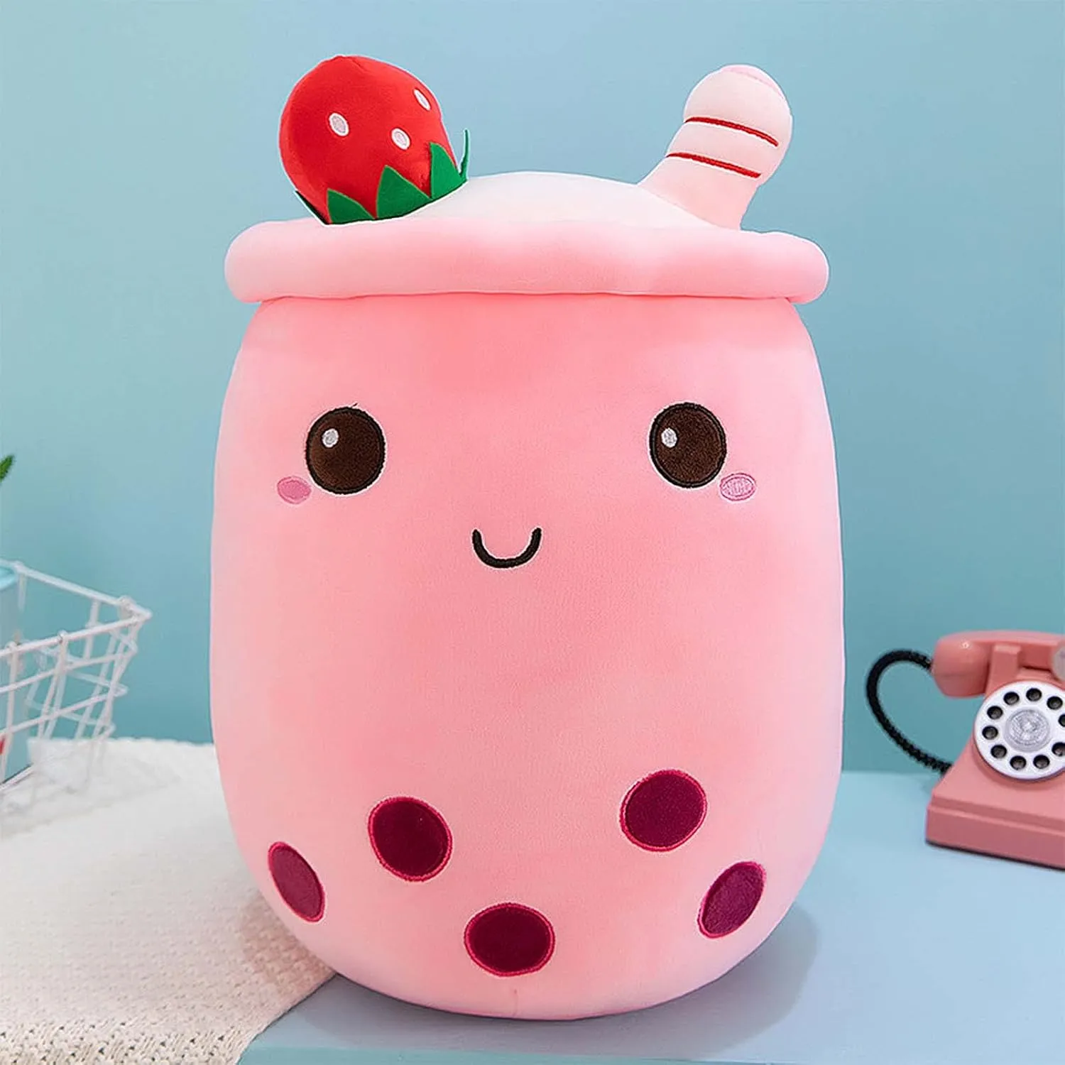 Ditucu Cute Boba Tea Plush Stuffed Bubble Tea Plushie Cartoon Soft Strawberry Pillow Home Hugging Gift for Kids Pink 13.7 inch