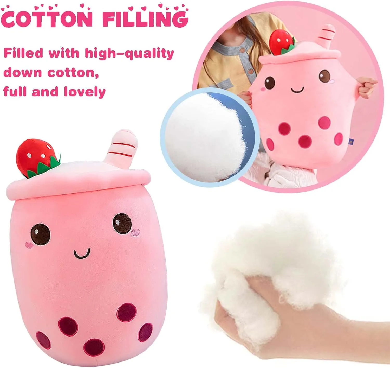 Ditucu Cute Boba Tea Plush Stuffed Bubble Tea Plushie Cartoon Soft Strawberry Pillow Home Hugging Gift for Kids Pink 13.7 inch