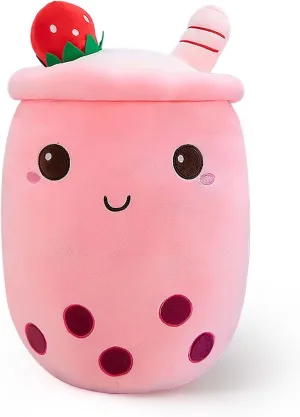 Ditucu Cute Boba Tea Plush Stuffed Bubble Tea Plushie Cartoon Soft Strawberry Pillow Home Hugging Gift for Kids Pink 13.7 inch