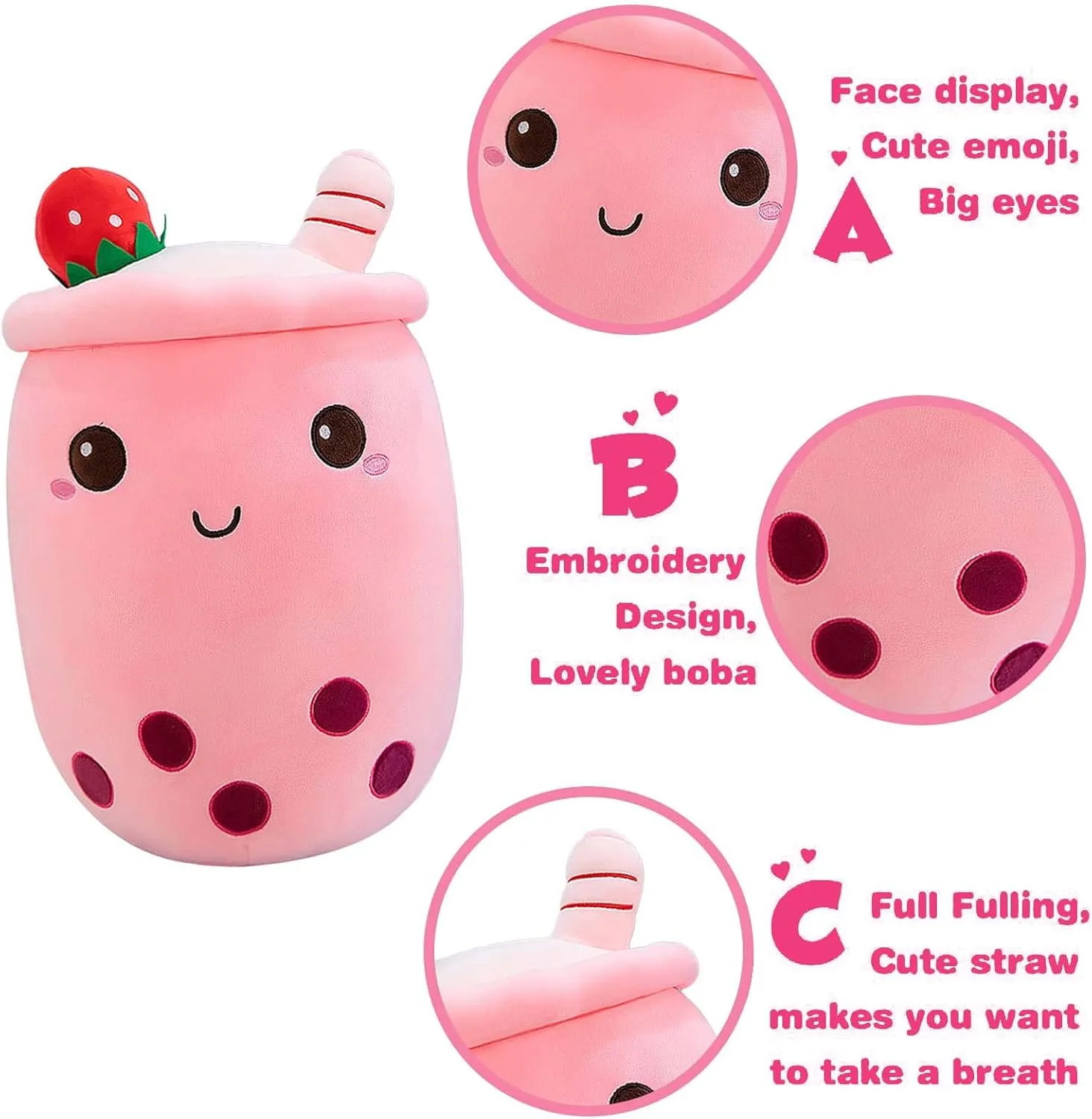 Ditucu Cute Boba Tea Plush Stuffed Bubble Tea Plushie Cartoon Soft Strawberry Pillow Home Hugging Gift for Kids Pink 13.7 inch