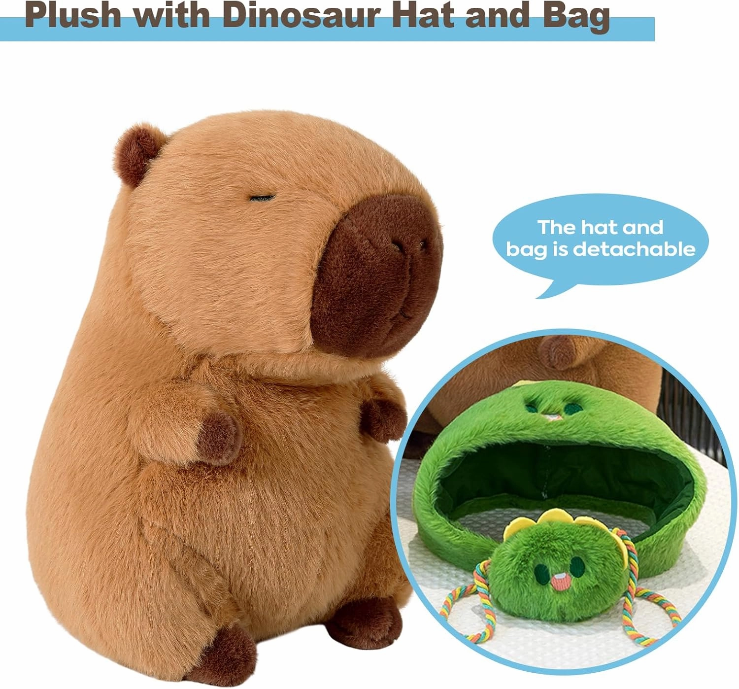 Ditucu Capybara Plush with Dinosaur Hat & Mini Bag 9.8 inch Cute Dino Capibara Stuffed Animal Soft Plushies Toys Gifts for Kids Adults Brown