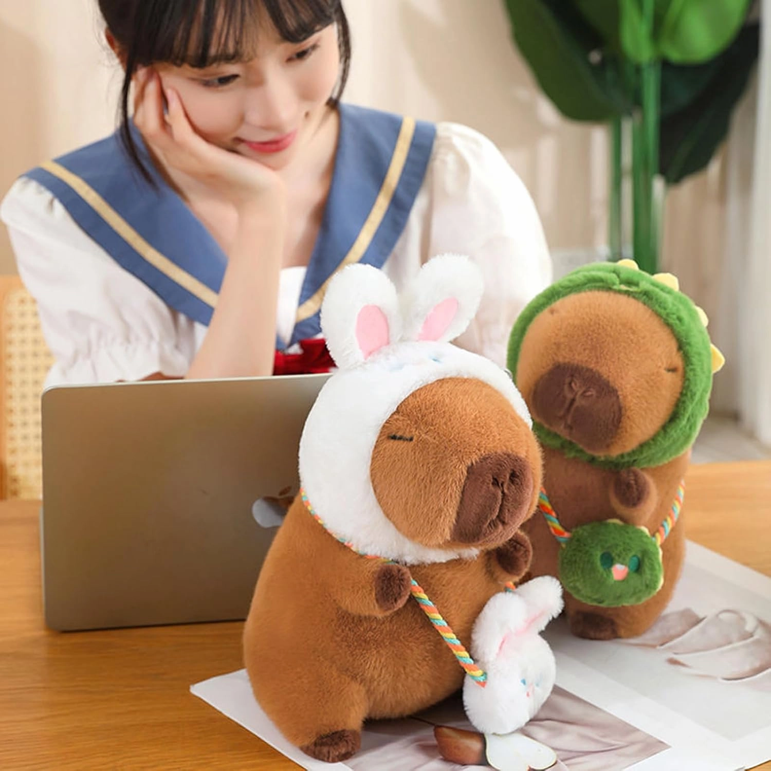 Ditucu Capybara Plush with Dinosaur Hat & Mini Bag 9.8 inch Cute Dino Capibara Stuffed Animal Soft Plushies Toys Gifts for Kids Adults Brown