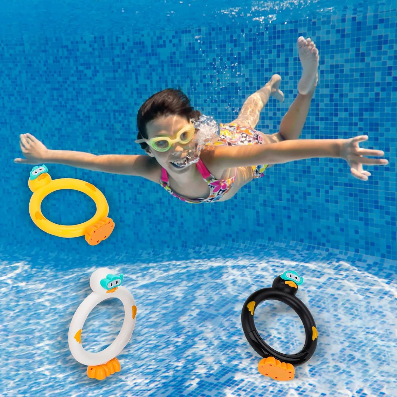Diving Pool Toys Underwater Swimming Ring Duck Diving Ring, 3 Pack