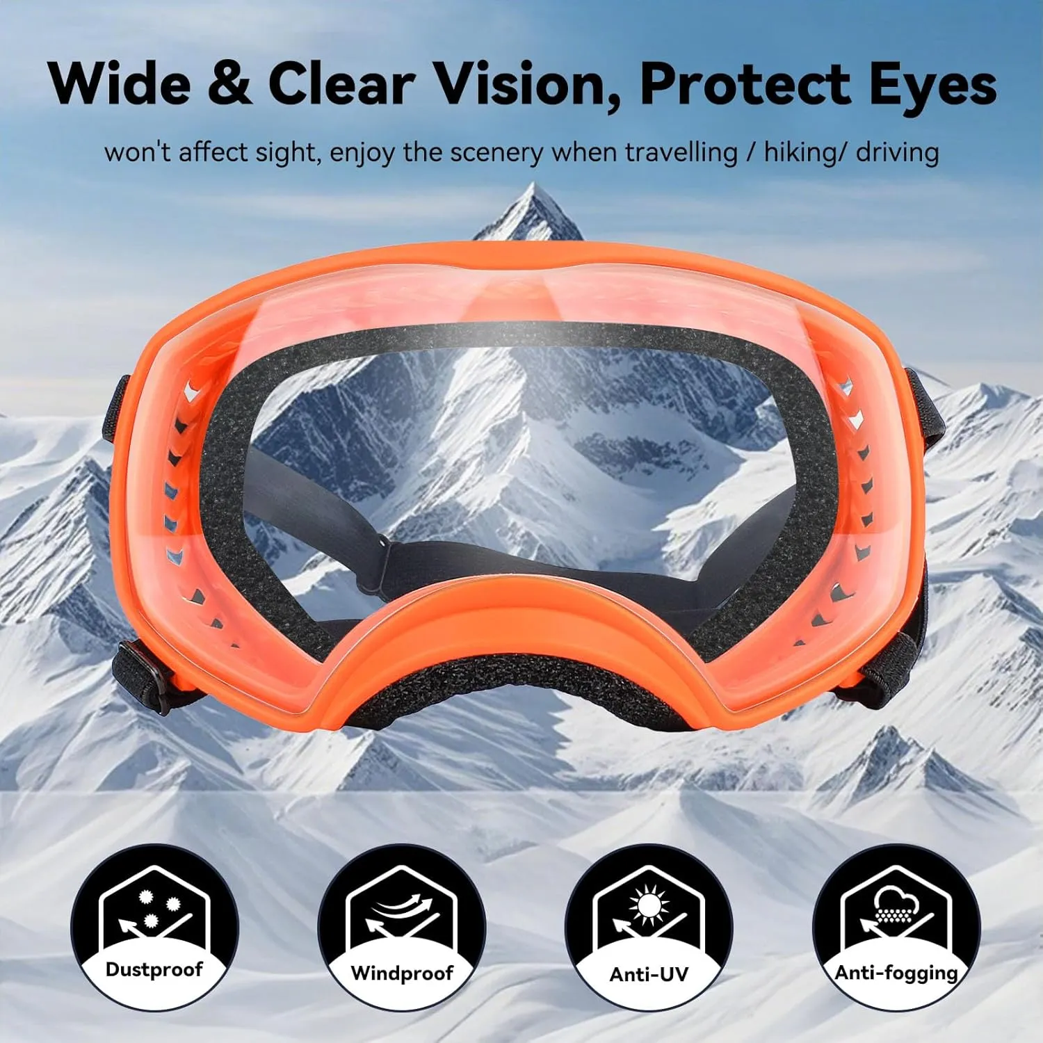 Dog Sunglasses UV Protection Clear Dog Goggles Windproof Glasses with Elastic Straps for Medium-Large Breed, Orange Frame   Clear Lens