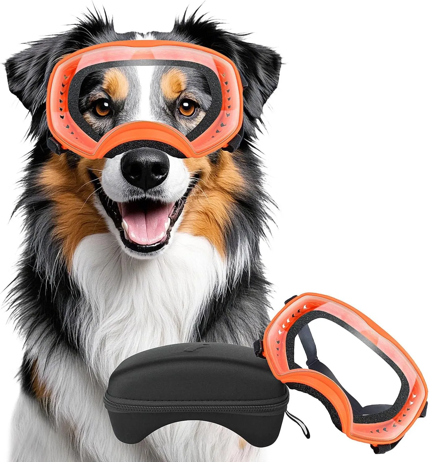 Dog Sunglasses UV Protection Clear Dog Goggles Windproof Glasses with Elastic Straps for Medium-Large Breed, Orange Frame   Clear Lens