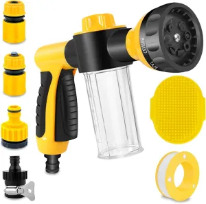 Dog Wash Sparyer, 8-Way Spray Pattern Dog Washing Hose Attachment with Soap Dispenser, Pet Bath Brush, Garden Hose Nozzle Sprayer for Watering Plants, Lawn, Patio, Car Wash, Showering Pet Outdoor