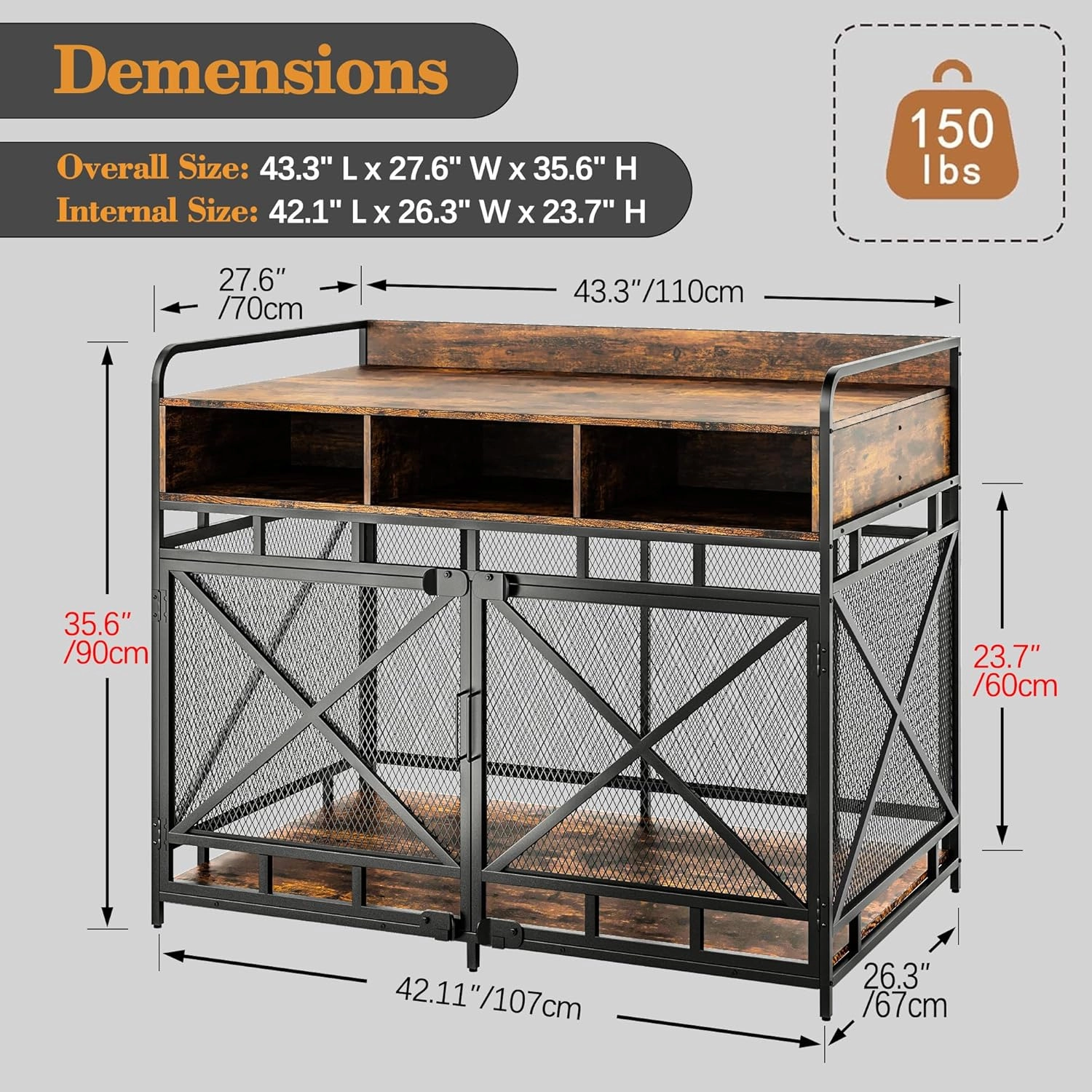 Dog Crate Furniture,Wooden Dog Crate End Table,43 Inch Dog Kennel with Drawers,Heavy Duty Dog Cage,Decorative Pet Crate Dog Cage for Indoor 43.3" L x 27.6" W x 35.7" H (Rustic Brown)