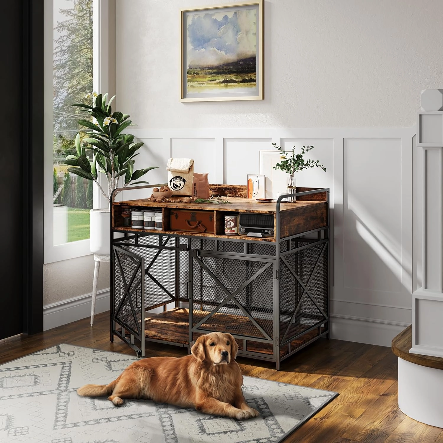 Dog Crate Furniture,Wooden Dog Crate End Table,43 Inch Dog Kennel with Drawers,Heavy Duty Dog Cage,Decorative Pet Crate Dog Cage for Indoor 43.3" L x 27.6" W x 35.7" H (Rustic Brown)