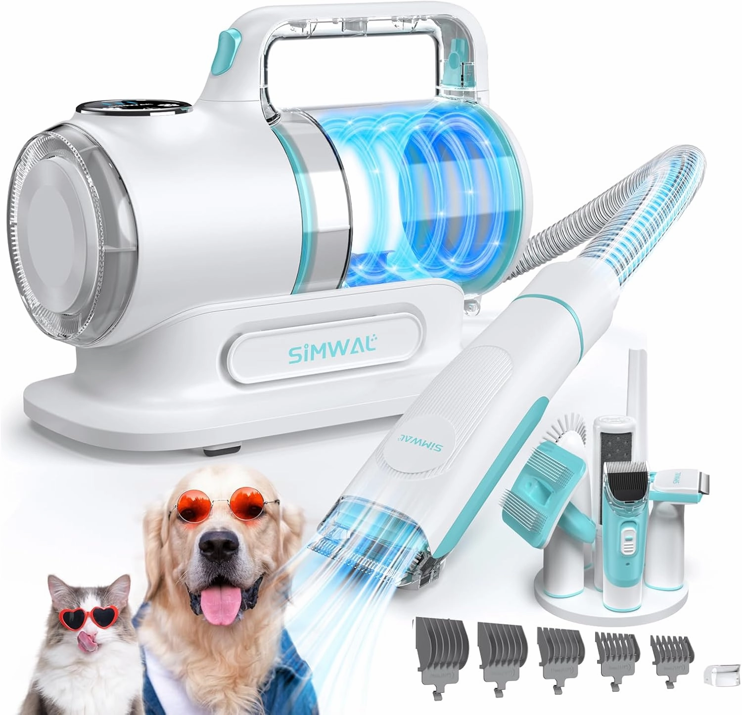 Dog Grooming Clippers Vacuum Kit - 11000PA Suction Powerful Dog Hair Vacuum - 6 in 1 Low Noise Cat Shedding Brush Trimmer Tool with 1.5L Dust Cup for Cleaning Pet Hair (6 Accessories)