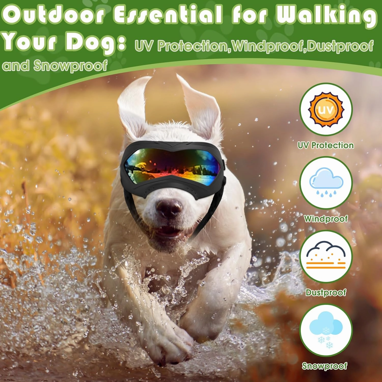 Dog Sunglasses, Dog Goggles for Large and Medium Breed with Adjustable Strap, UV Protection, Windproof, Waterproof, Dustproof and Snowproof, Dogs Eyes Protection, Wide Snout Rest, Soft Frame, Black A