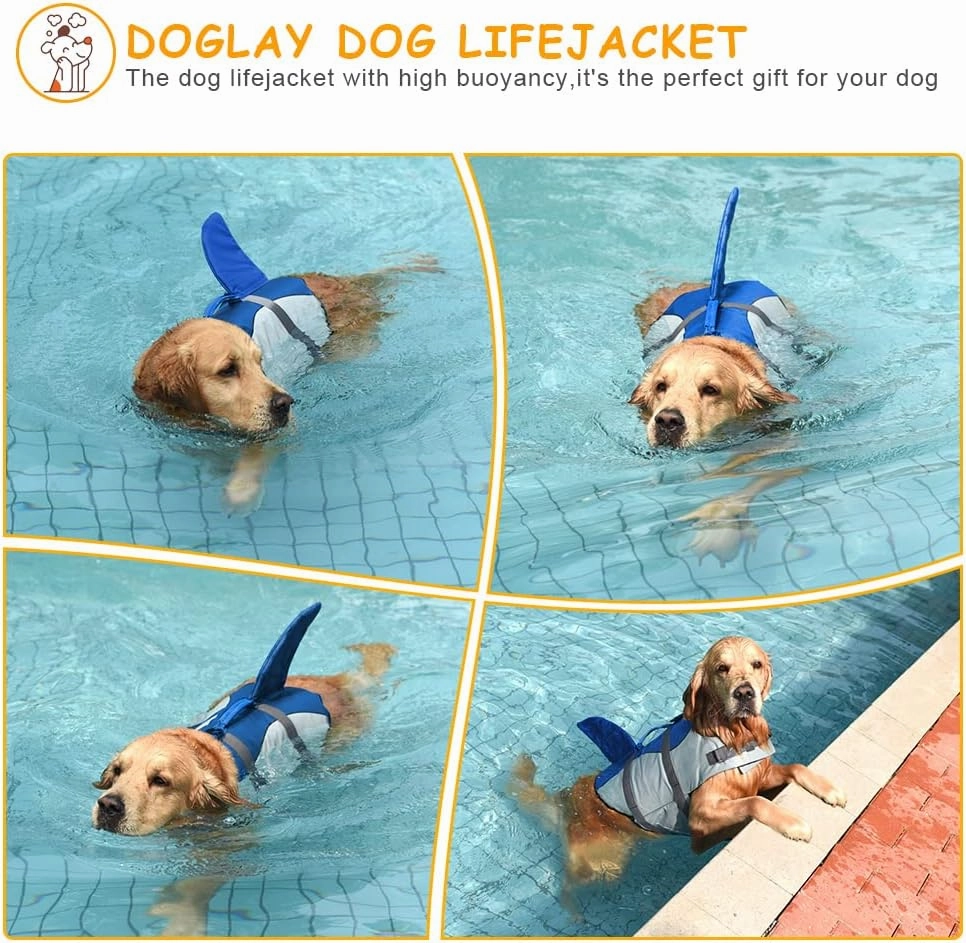 Doglay Dog Life Jacket, Ripstop Cute Shark Dog Life Jacket with Superior Buoyancy and Rescue Handle, Adjustable Dog Life Vests for Swimming Boating, Pet Flotation Vest for Small Medium Large Dogs