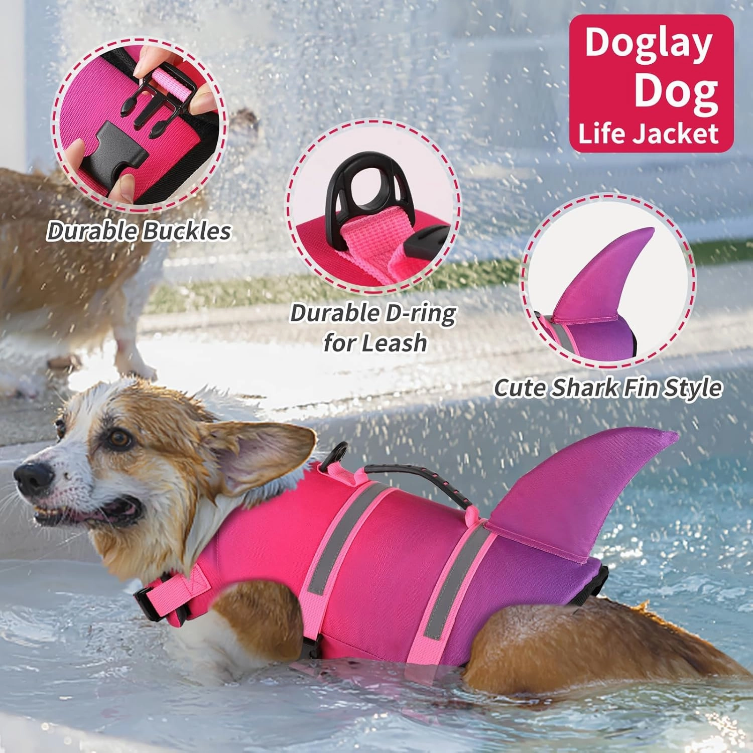 Doglay Dog Life Jacket, Ripstop Cute Shark Dog Life Vest with Superior Buoyancy and Rescue Handle, Adjustable Puppy Life Vests for Swimming Boating, Pet Flotation Vest for Small Medium Large Dogs