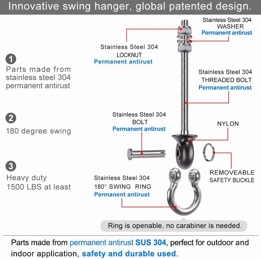 Dolibest Set of 2 Permanent Antirust Stainless Steel 304 Heavy Duty Swing Hangers, 1800LB Capacity, Wood and Steel Beam Yoga Hammock Chair Punching Bag Porch Swing Sets,180° Swing, 7.67‘’