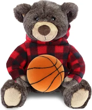 DolliBu Brown Bear Stuffed Animal with Basketball Plush – Super Soft Huggable Bear with Red Plaid Hoodie, Plush Toy Wildlife Gift for Kids and Adults - 10 Inch