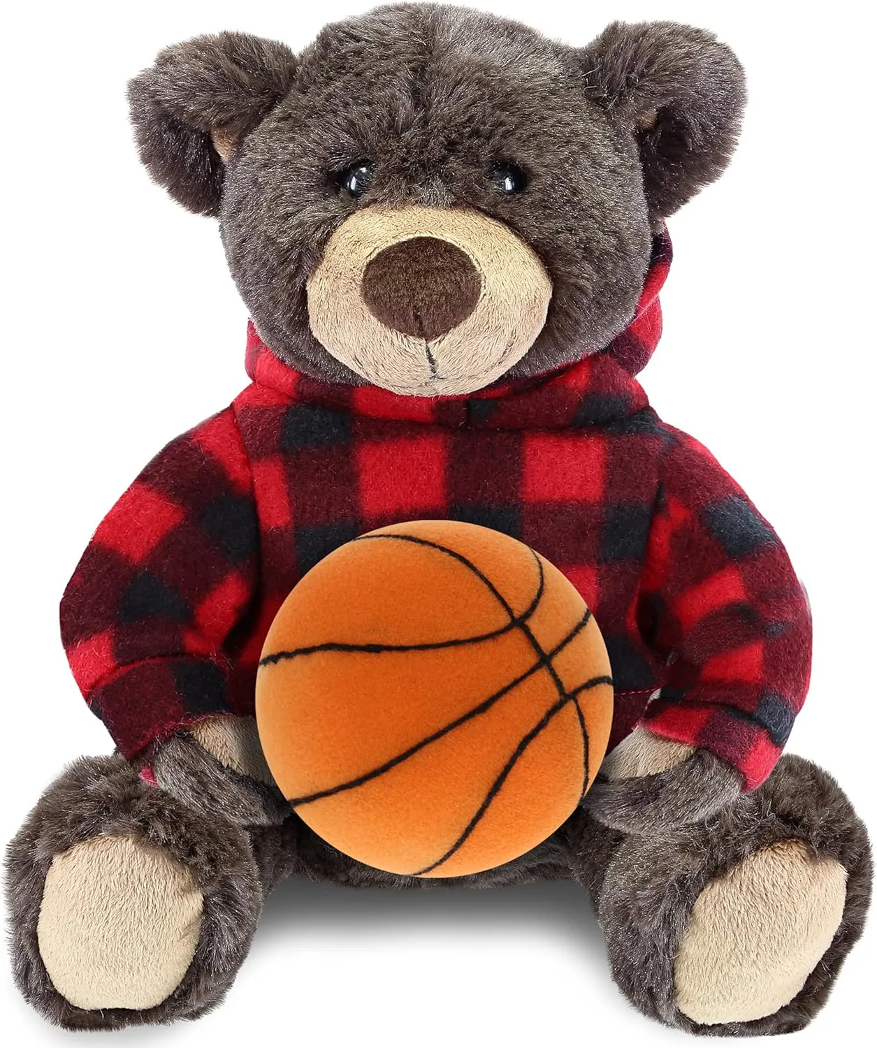DolliBu Brown Bear Stuffed Animal with Basketball Plush – Super Soft Huggable Bear with Red Plaid Hoodie, Plush Toy Wildlife Gift for Kids and Adults - 10 Inch