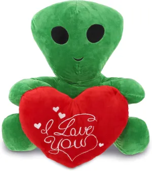 DolliBu I Love You Alien XL Plush – Cute Alien Stuffed Animal with Red Heart and with Name Personalization for Valentine, Anniversary, Romantic Date – 18 Inches