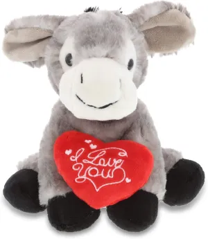 DolliBu I Love You Valentine Plush Lying Grey Donkey - Cute Soft Cuddly Stuffed Animal with Red Heart Gift for Valentines Day, Birthday Present, Anniversary, Romantic Date - 9 Inches