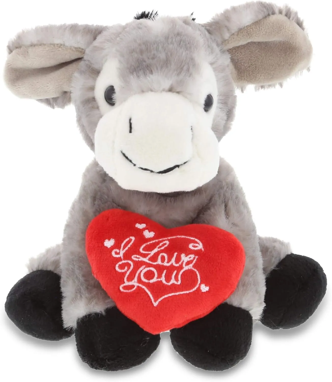 DolliBu I Love You Valentine Plush Lying Grey Donkey - Cute Soft Cuddly Stuffed Animal with Red Heart Gift for Valentines Day, Birthday Present, Anniversary, Romantic Date - 9 Inches
