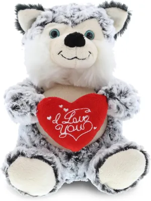 DolliBu I Love You Valentine Plush Sitting Husky Dog - Cute Soft Cuddly Stuffed Animal with Red Heart Gift for Valentines Day, Birthday Present, Anniversary, Romantic Date - 9 Inches
