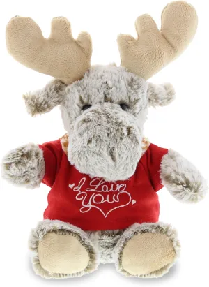 DolliBu I Love You Valentine Plush Sitting Moose - Cute Stuffed Animal with Red Shirt and Name Personalization Gift for Valentine's Day, Birthday, Anniversary, Romantic Date - 11 Inches