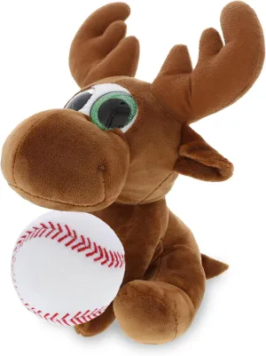 DolliBu Moose Stuffed Animal with Baseball Plush - Soft, Huggable Moose, Great Gifts for Kids Who Love Baseball, Cute Wild Animal Plush with Plush Baseball Toy for Kids, Adults - 6.5 Inches