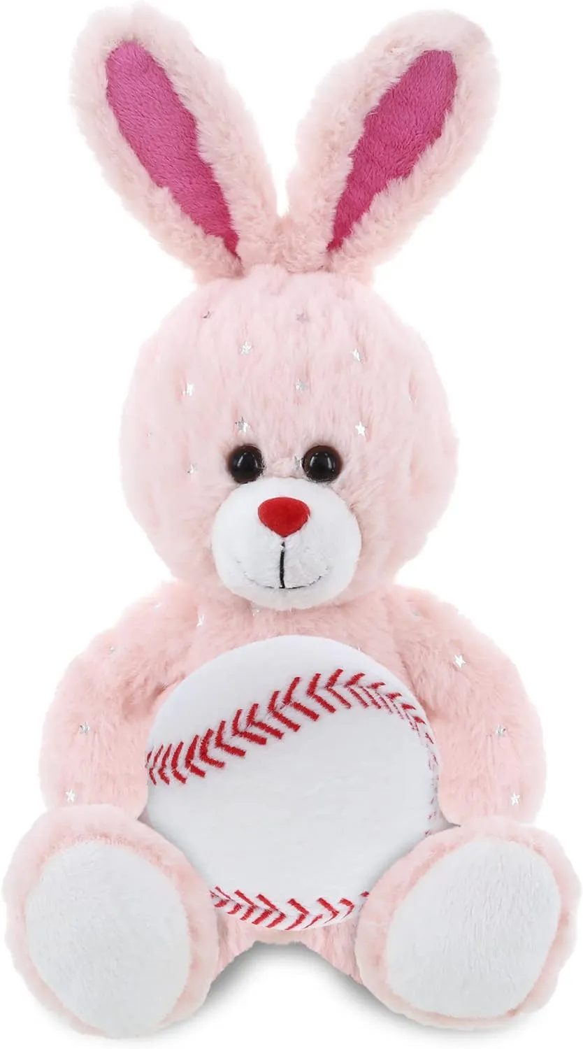 DolliBu Rose Gold Bunny Stuffed Animal with Baseball Plush - Soft Huggable Bunny, Adorable Playtime Rose Gold Bunny Plush Toy, Cute Farm Life Sports Gift for Kids and Adults - 8 Inch