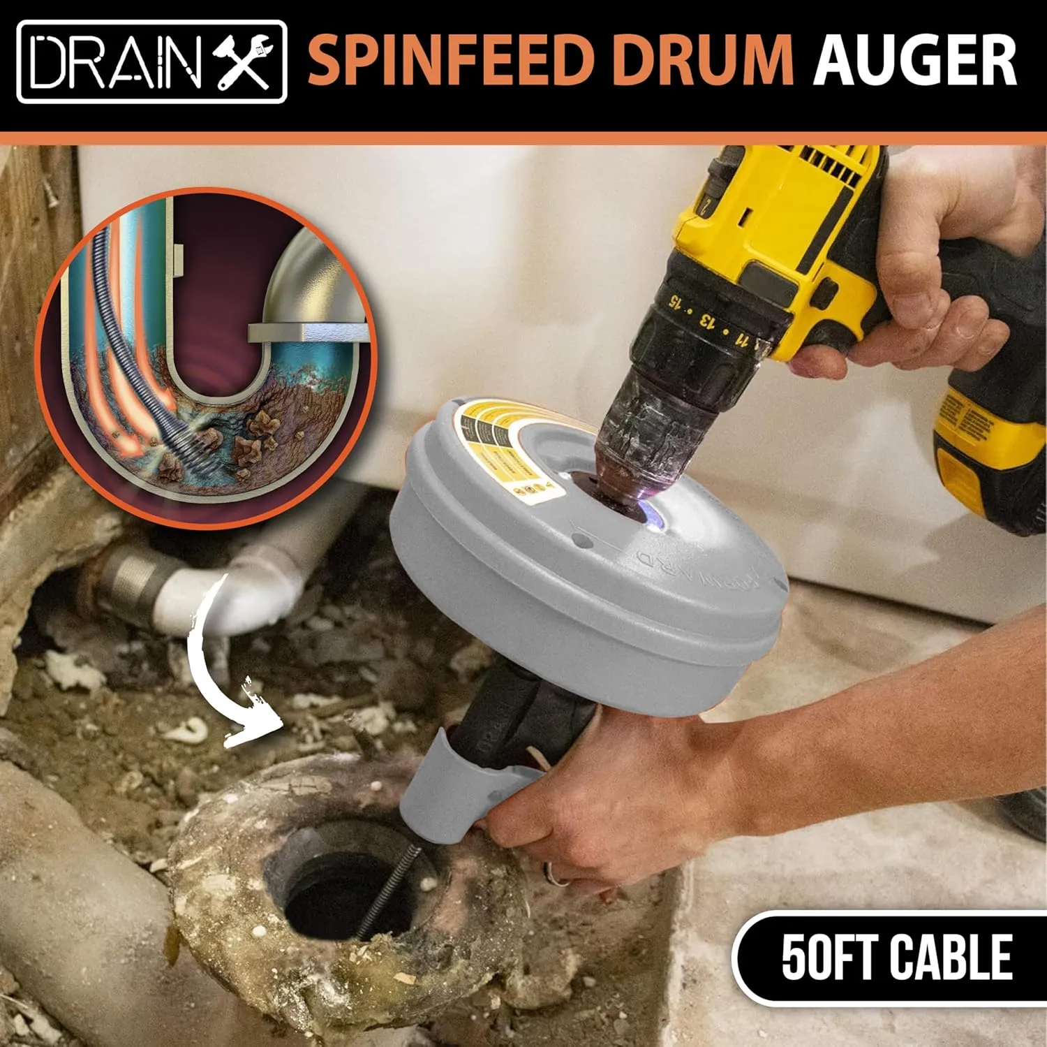 DrainX SPINFEED 50 Foot Drum Auger | Use Manually or Drill Powered - Auto Extend and Retract Plumbing Snake | Work Gloves and Storage Bag Included