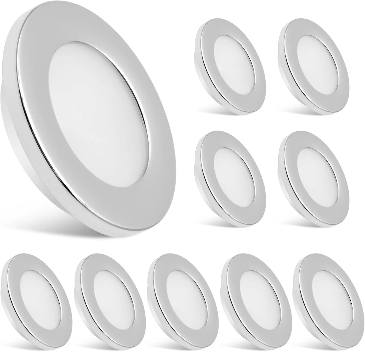 Dream lighting 12V RV Interior LED Puck Lights Recessed Kitchen Ceiling Cabinet Cool White Lighting 2.8inch, Chrome Shell, Pack of 10