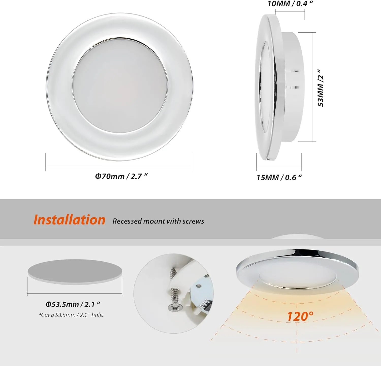 Dream lighting 12V RV Interior LED Puck Lights Recessed Kitchen Ceiling Cabinet Cool White Lighting 2.8inch, Chrome Shell, Pack of 10