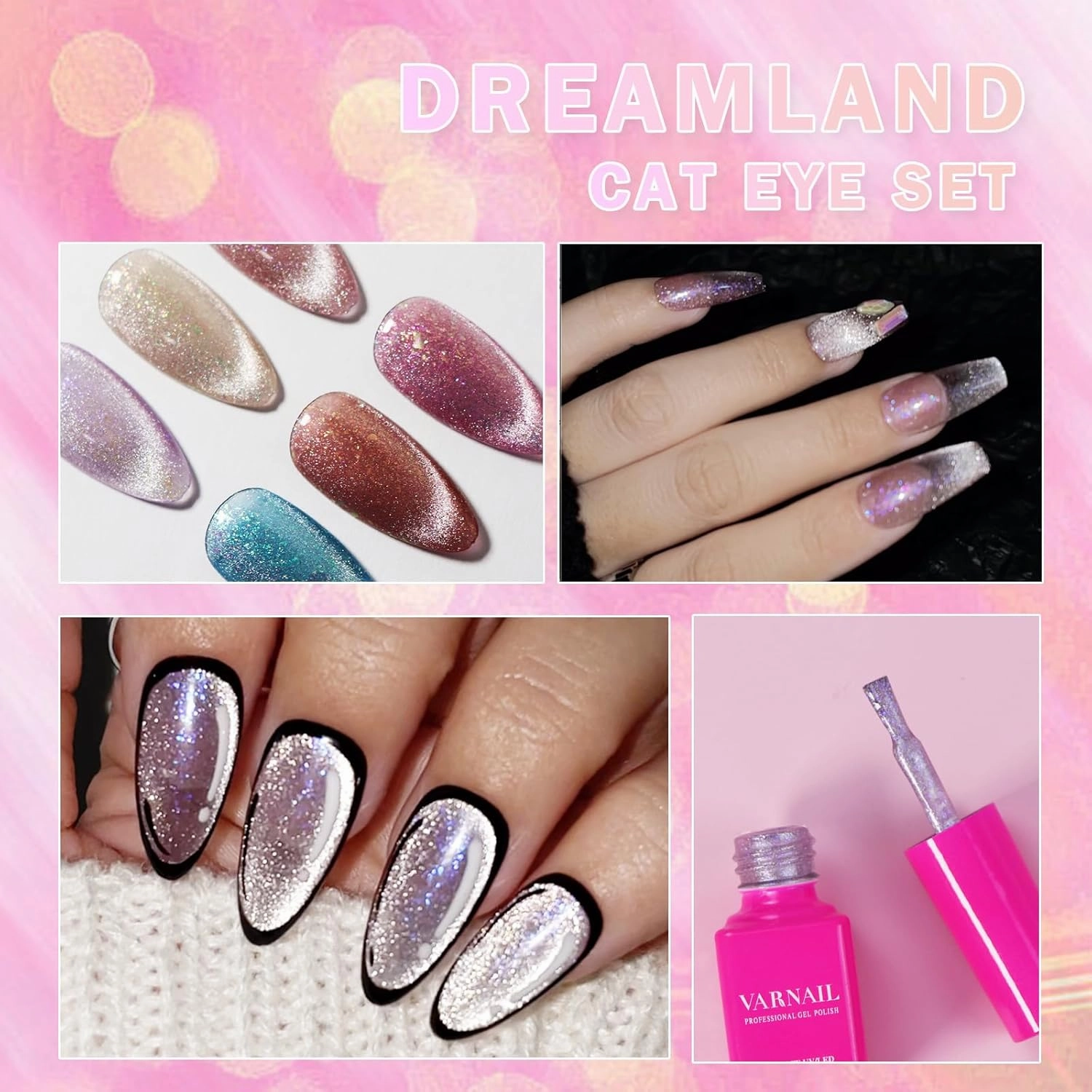 Dreamland Cat Eye Gel Polish Set 6 Colors with FREE Base Top Coat, Glitter Auroa Gel Polish with Magnet, Salon Quality Soak off UV Light Gel Nail Polish Set