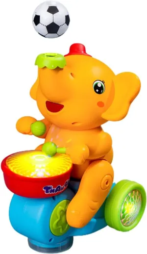Drumming Elephant Car, Multifunctional Musical Blow Floating Ball, Tricycle with Universal Wheel, Lights and Music, 2 Foam Balls (Yellow)