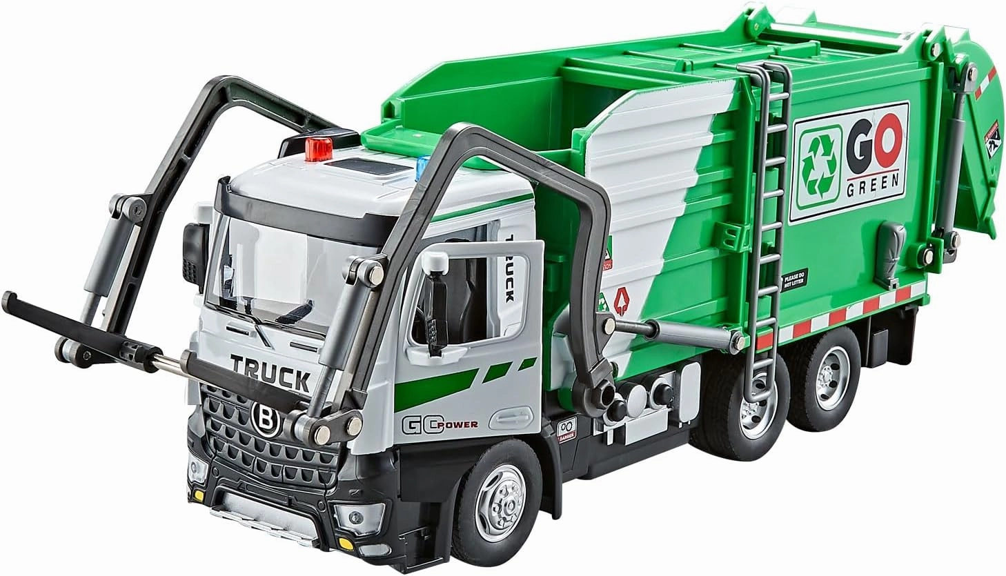 Dwi Dowellin Electric Alloy Garbage Truck Set,Trash Truck Toys for Boys Kids, Friction Powered Recycling Vehicles, Front Loader with Dumpster, 4 Trash Bins(Green)